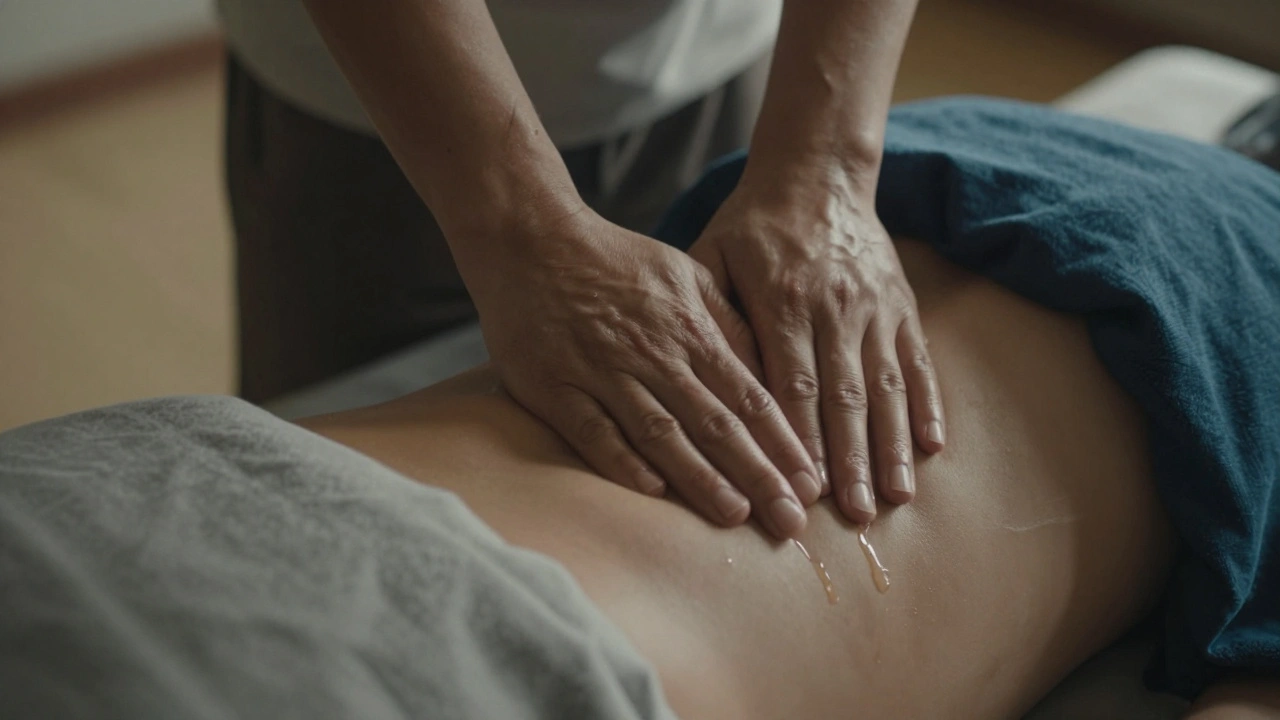 Close-up of hands pressing on a back during massage, a tear falling on the mat as emotional release occurs.