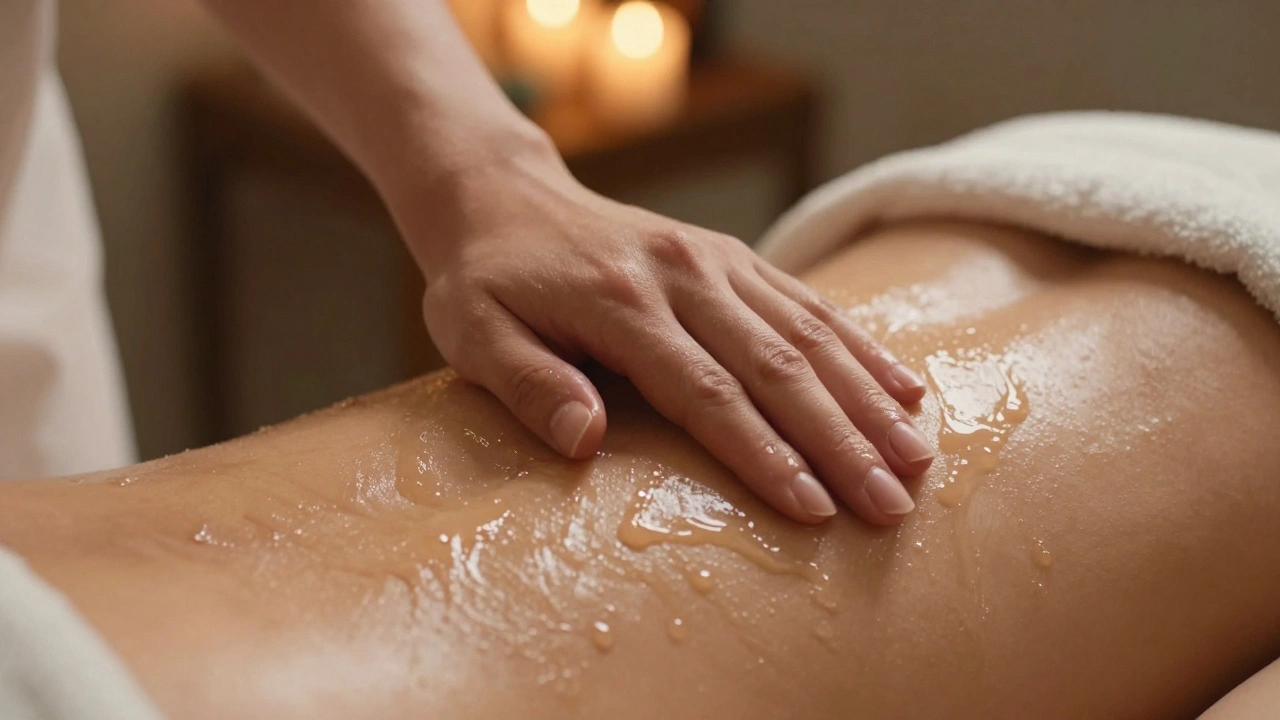 Close-up of skin and gel sliding in fluid motion during a full-body nuru session.