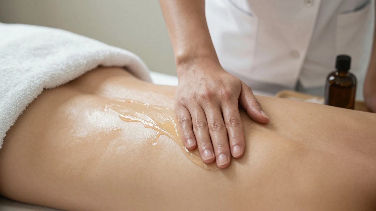 Close-up of therapist's forearm moving smoothly over client's back with glistening gel, minimalist spa environment