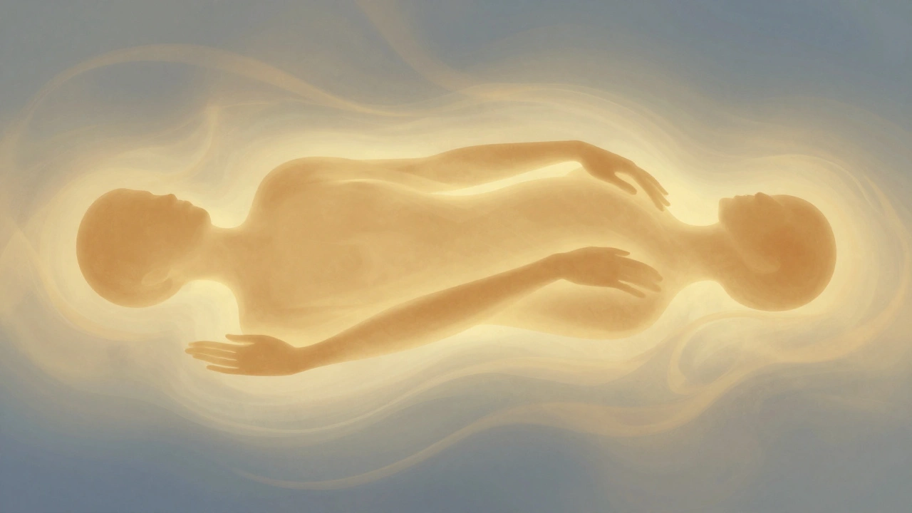 Golden wave of light embracing a human form, symbolizing deep relaxation through flowing, interconnected body motions in soft tones.