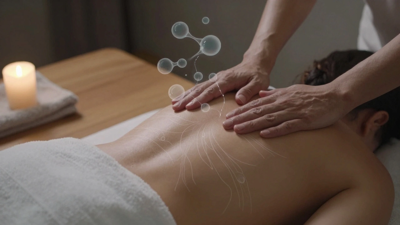 Hands resting on a back with subtle visualizations of stress hormones fading and calming waves rising.