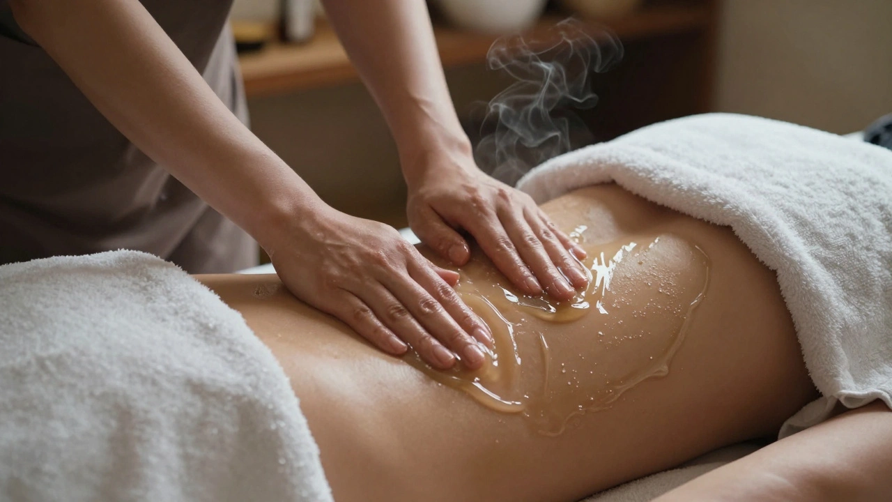 Nuru massage with seaweed gel creating a slippery glide over client's hips, warm ambient lighting, towels draped.
