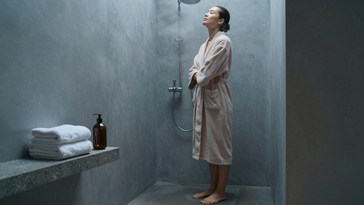 Person relaxed in a robe after a nuru massage, standing peacefully by a steamy shower.