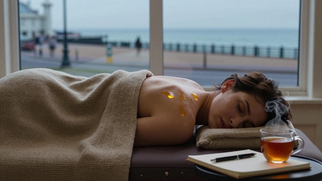 Person relaxed on a massage table, covered by a blanket, tea and journal beside them, ocean view through the window.