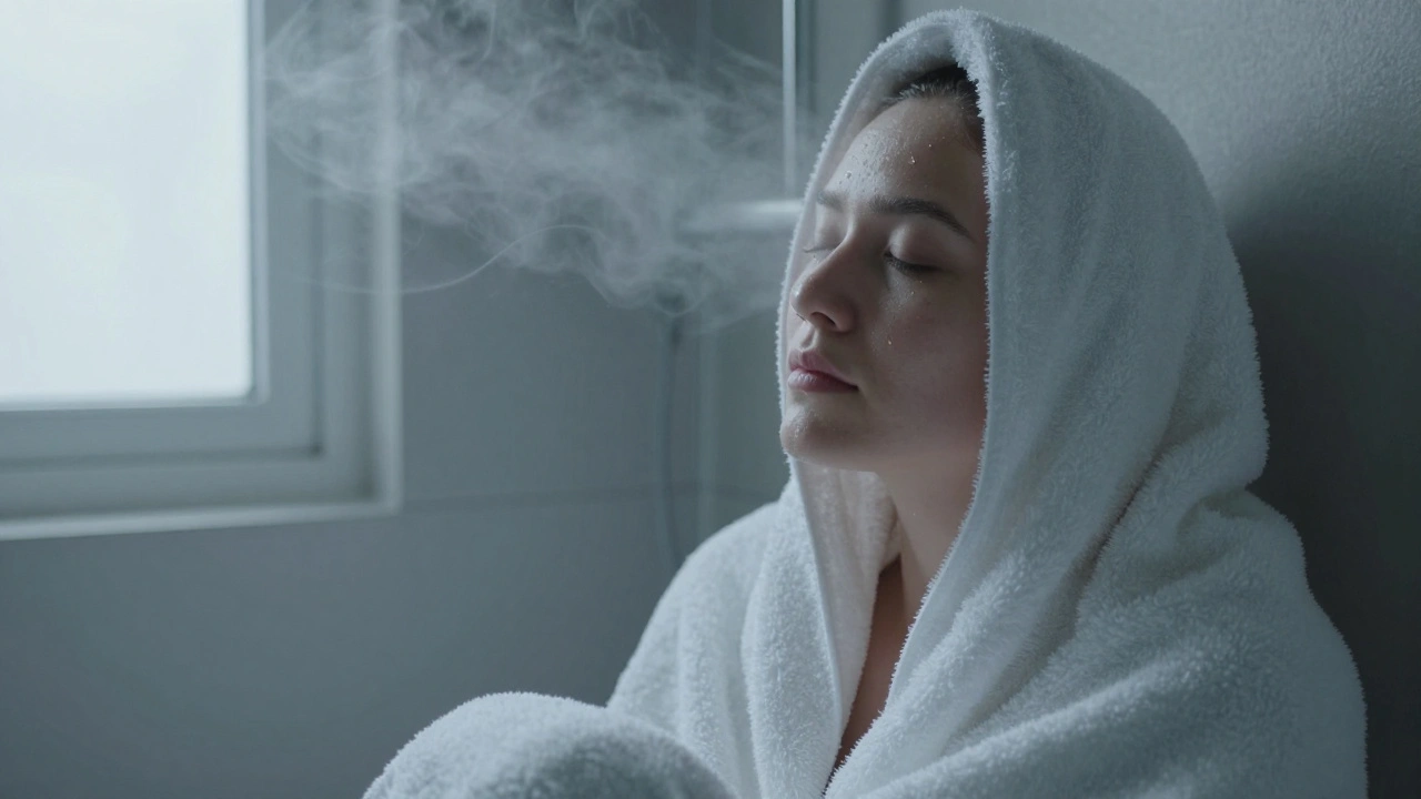 Person wrapped in towel, eyes closed, peaceful after nuru session, steam rising from shower, quiet moment of calm