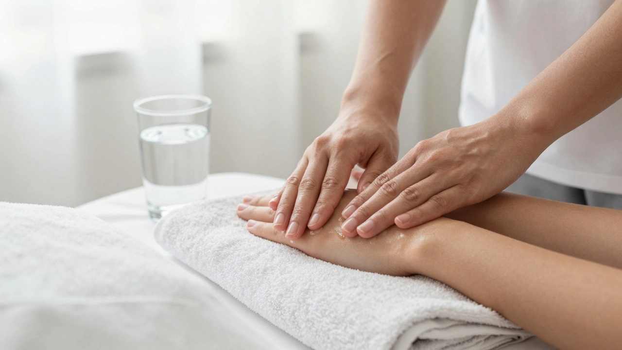 Professional hands applying lubricant during a therapeutic massage, with clean towels and water nearby.