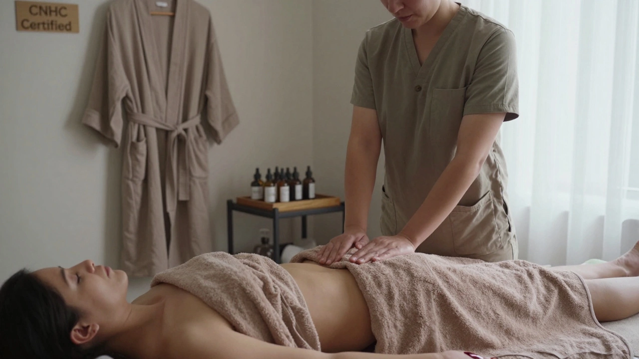 Professional therapist using body pressure on client's glutes in a certified wellness studio, organic oils and clean linens visible, natural light.