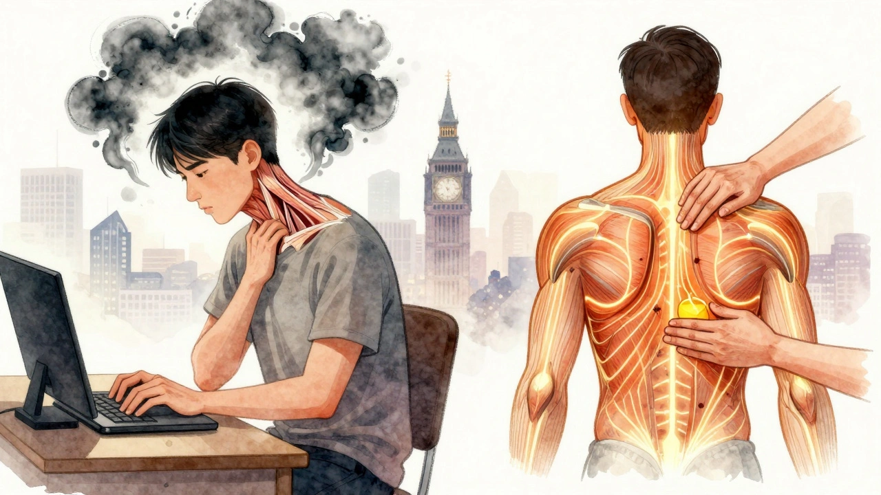 Split image showing stress transforming into relaxation through energy flow and therapeutic touch in a London setting.