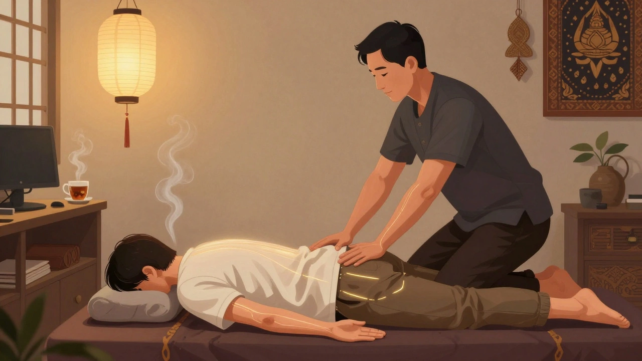 Thai massage therapist gently stretching a client in Shoreditch, herbal tea nearby, soft lighting, energy lines subtly visible.