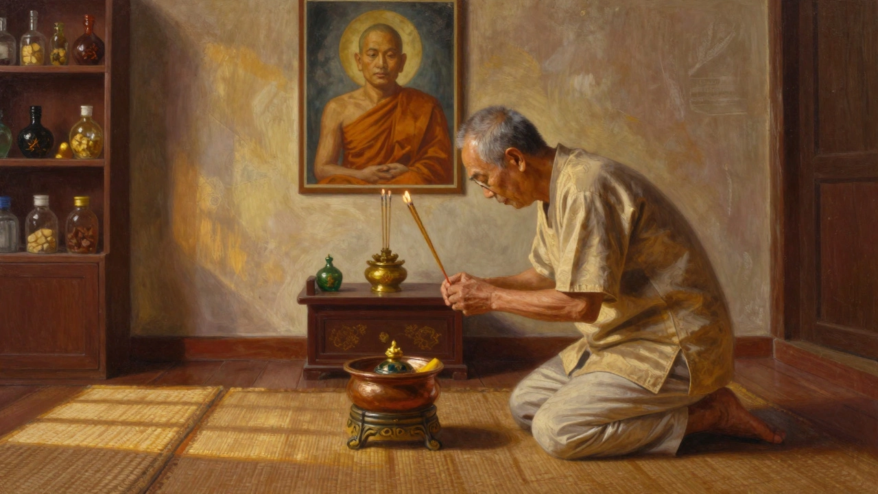 Thai therapist bowing before a small altar with incense and a monk's portrait in a quiet temple room.