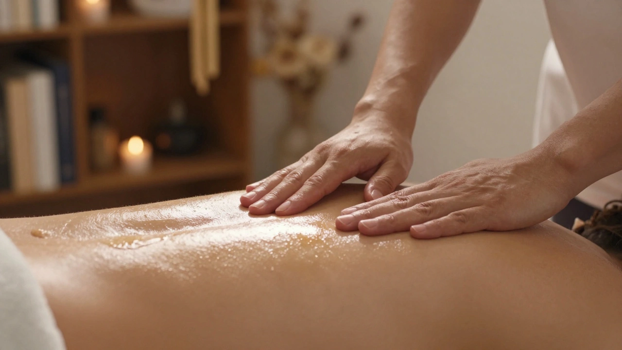 Therapist's hands gliding slowly over oiled skin in a calm, private treatment room.