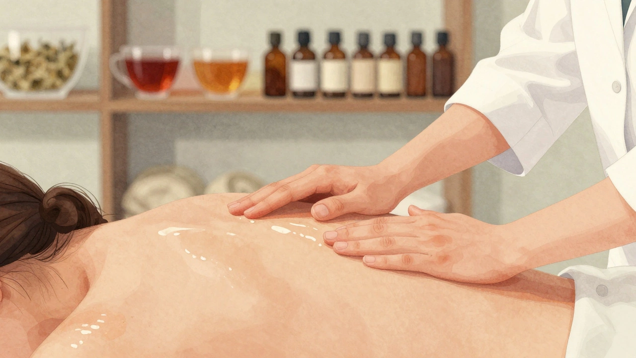 Therapist's hands performing slow, soothing strokes on a client's back, with warm oil and ambient lighting in a serene spa setting.