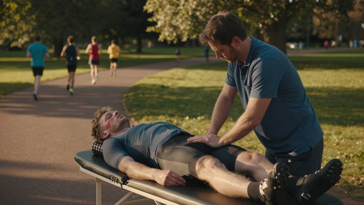 Therapist giving post-event massage to a cyclist in Richmond Park during golden hour, with runners in the background.