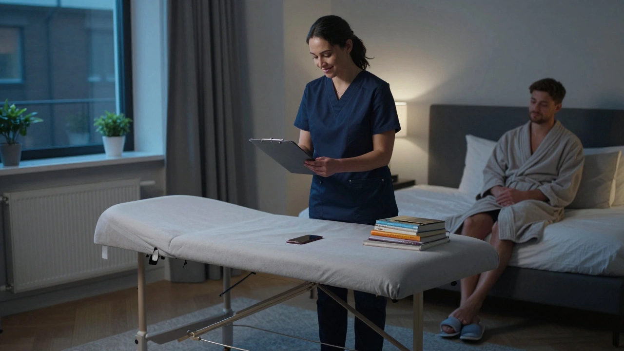 Therapist setting up a portable massage table in a modern Brighton bedroom with soft lighting and personal items nearby.