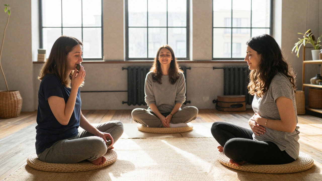 Three women in a circle, sharing silent support during a yoni embodiment workshop.