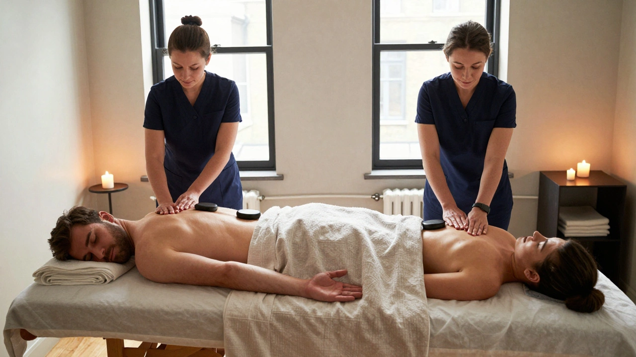 Two people relax side by side during a couples massage, each covered with linen towels, in a peaceful wellness room.