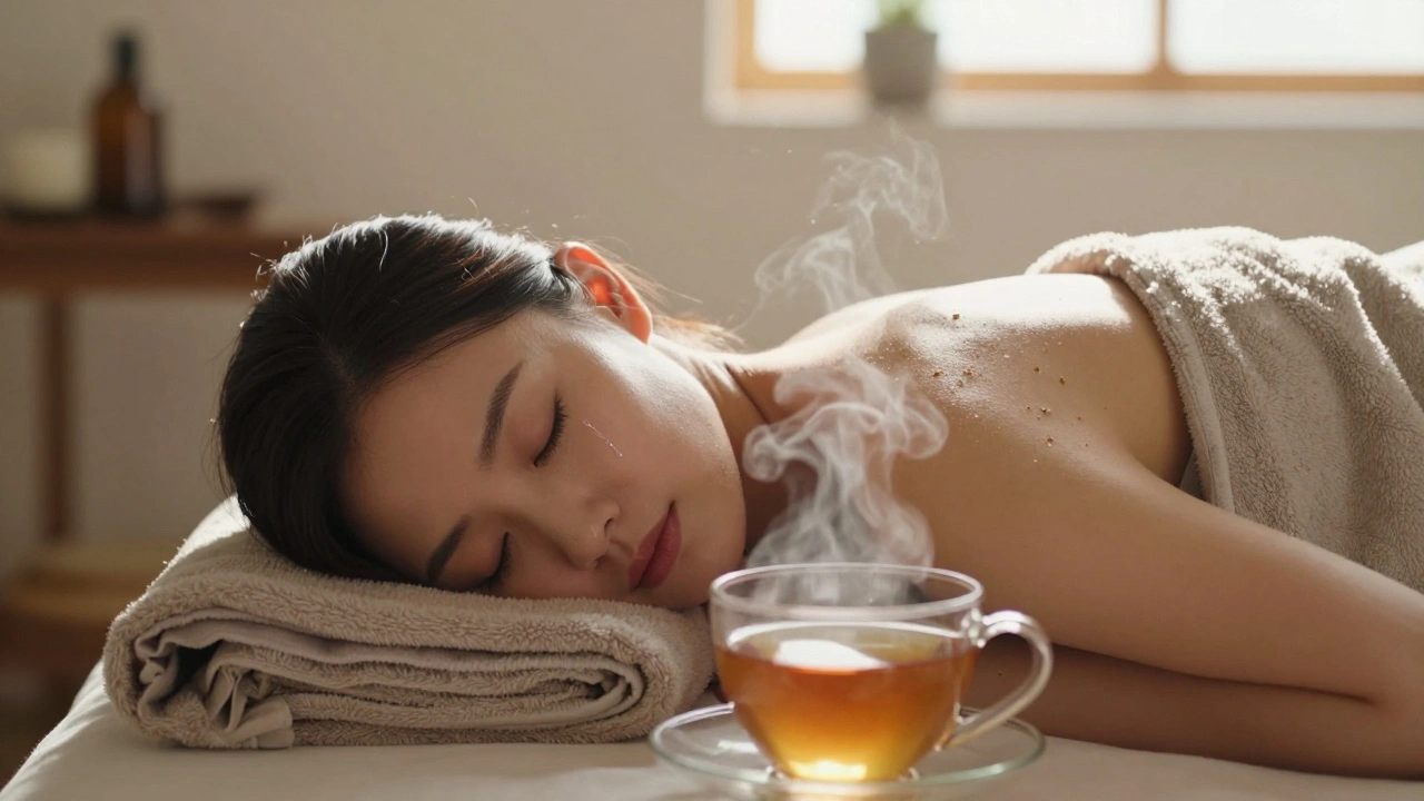 A client lies peacefully after a session, tear on cheek, wrapped in a blanket, with herbal tea steaming nearby in soft morning light.