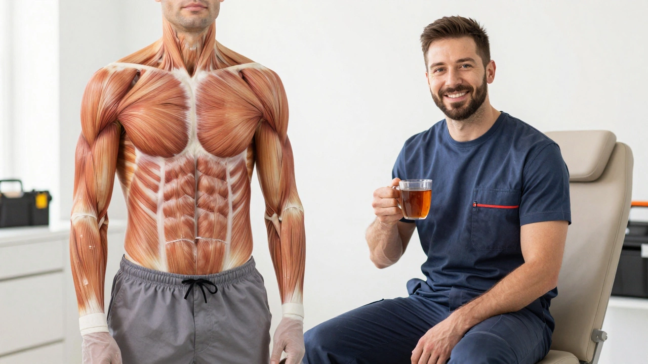 A construction worker smiling after a deep tissue massage, symbolizing pain relief and recovery.
