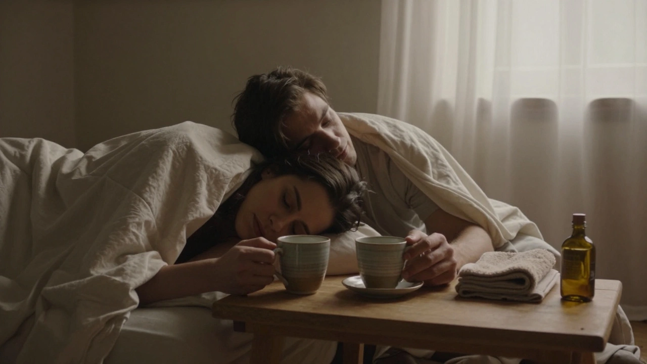 A couple lying together under a blanket after a session, sipping tea in peaceful stillness.