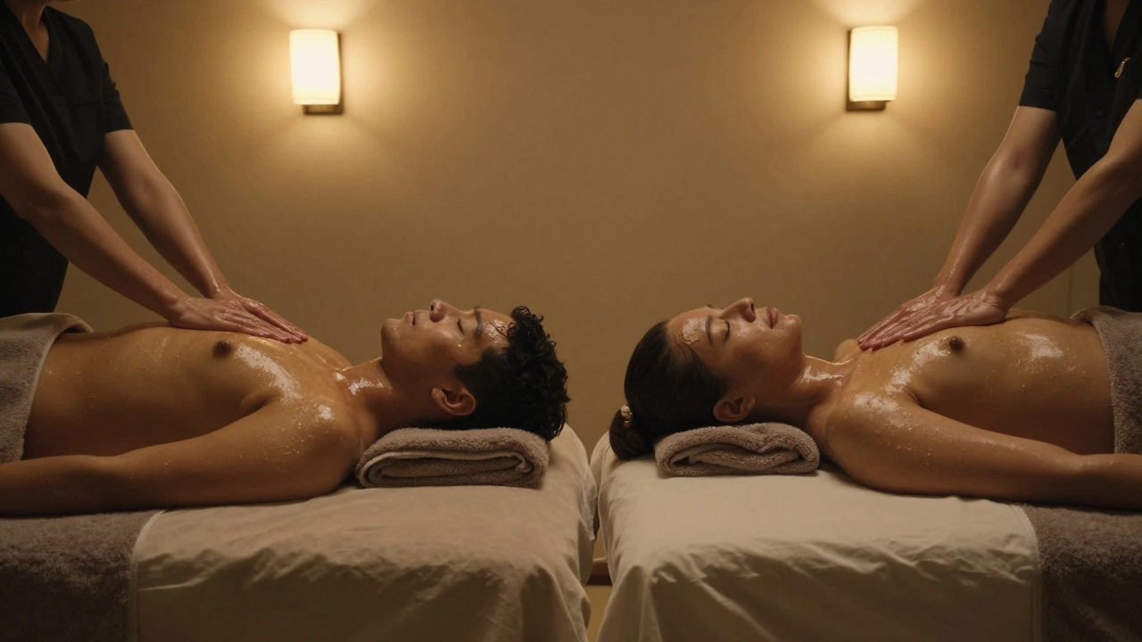 A couple receiving nuru massages side by side in a tranquil studio, both relaxed and nude, bathed in warm ambient light.