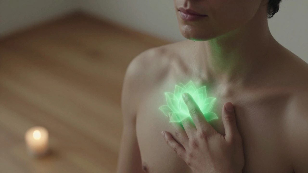 A hand resting on the chest with a gentle green glow symbolizing the heart chakra opening, in a quiet, candlelit room.