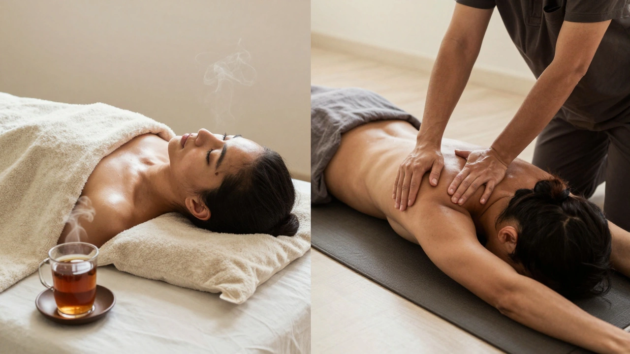 A peaceful client after an Indian massage versus an active Thai massage session, highlighting contrasting healing styles.