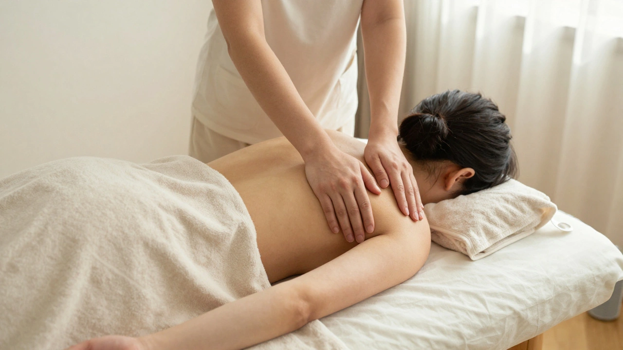 A person relaxing on a massage table at home, covered by a sheet, as a therapist works gently on their back.