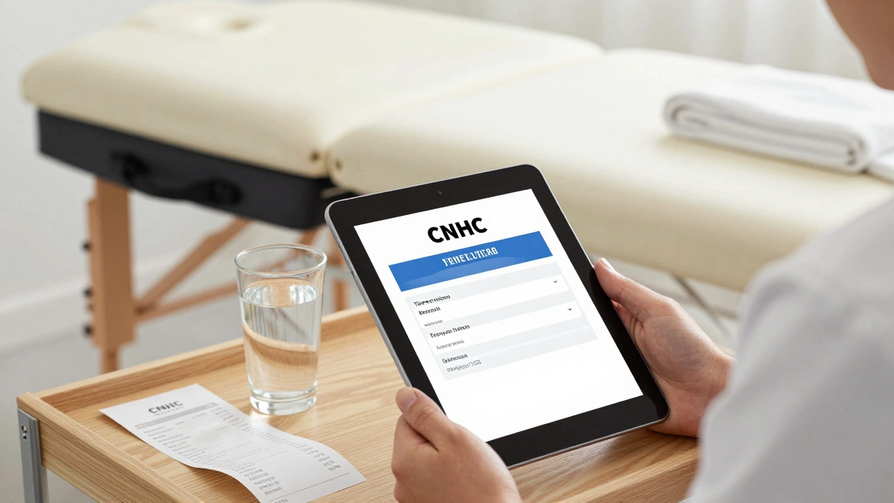 A therapist's hand holding a digital license verification next to a glass of water and receipt after a session.