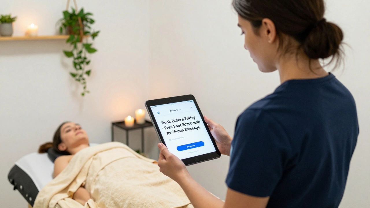 A therapist showing a massage promo code on a tablet in a calm, plant-filled treatment room.