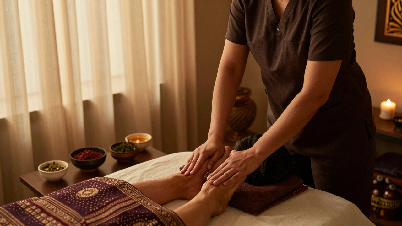 An Ayurvedic therapist performing a full-body oil massage with slow, rhythmic strokes in a quiet Southall studio.