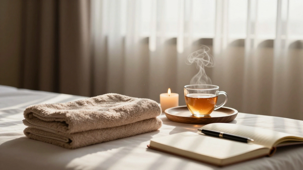 An empty massage room after a session, with a steaming cup of tea, a burning candle, and a folded towel — quiet and peaceful after deep emotional release.