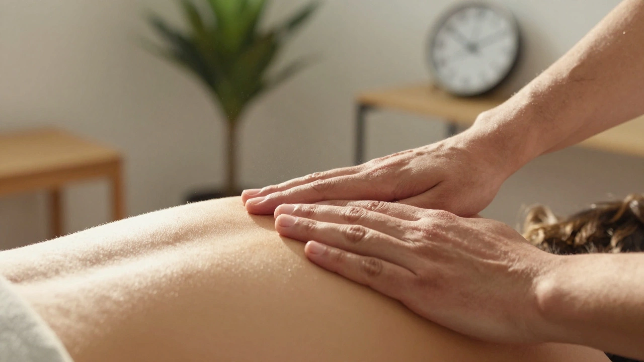 Close-up of hands performing slow myofascial release on a tense upper back in a quiet midweek session.
