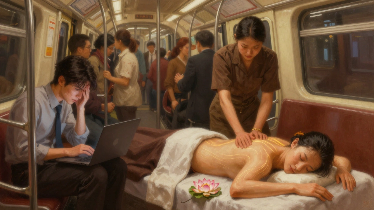 Contrast between a stressed commuter in a crowded train and a relaxed person after Thai massage, with energy lines symbolizing restoration.