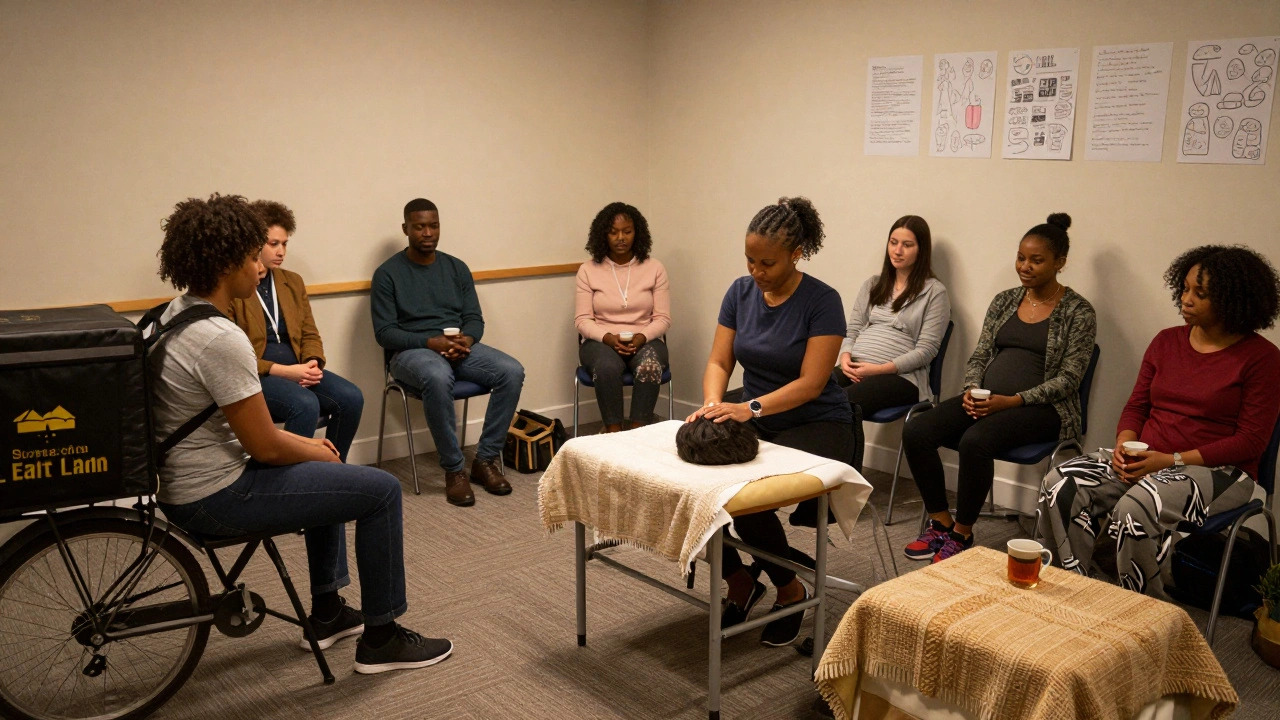 Diverse locals relaxing during a community pop-up massage session with tea and handmade flyers on the wall.