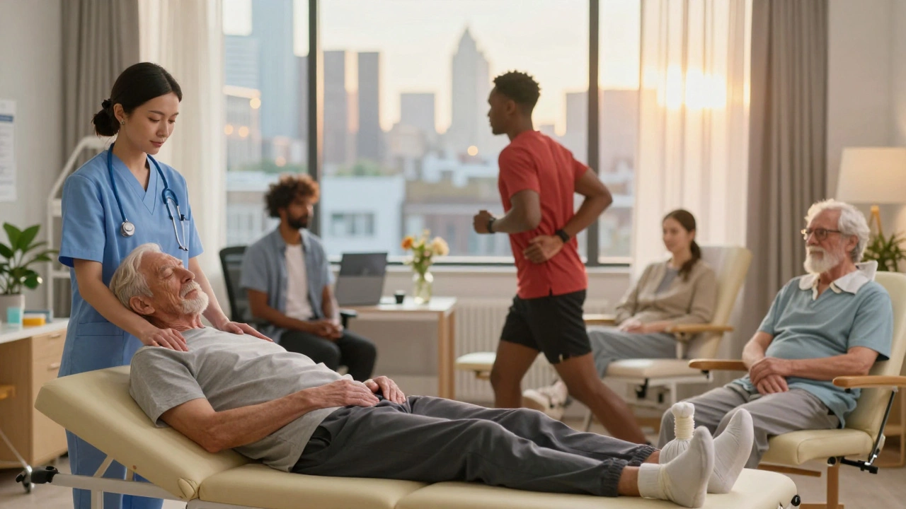 Diverse Londoners experiencing massage therapy in different settings, bathed in warm golden hour light.