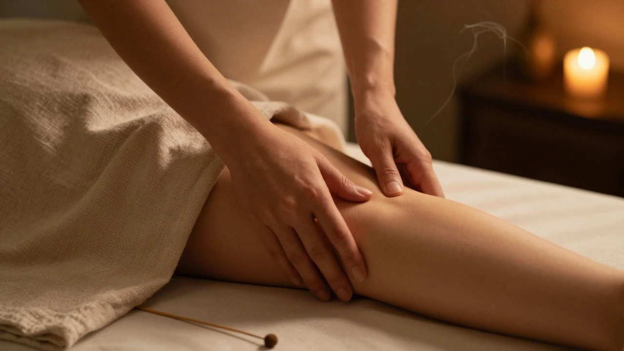 Gentle hands touching the inner thigh of a clothed person during a tantric massage, with incense smoke and warm lighting creating a sacred, non-sexual atmosphere.