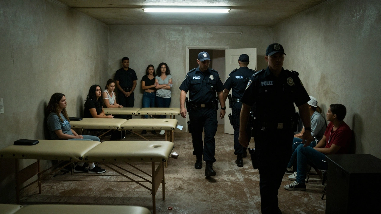 Police raid on illegal massage parlor with anxious clients and staff.