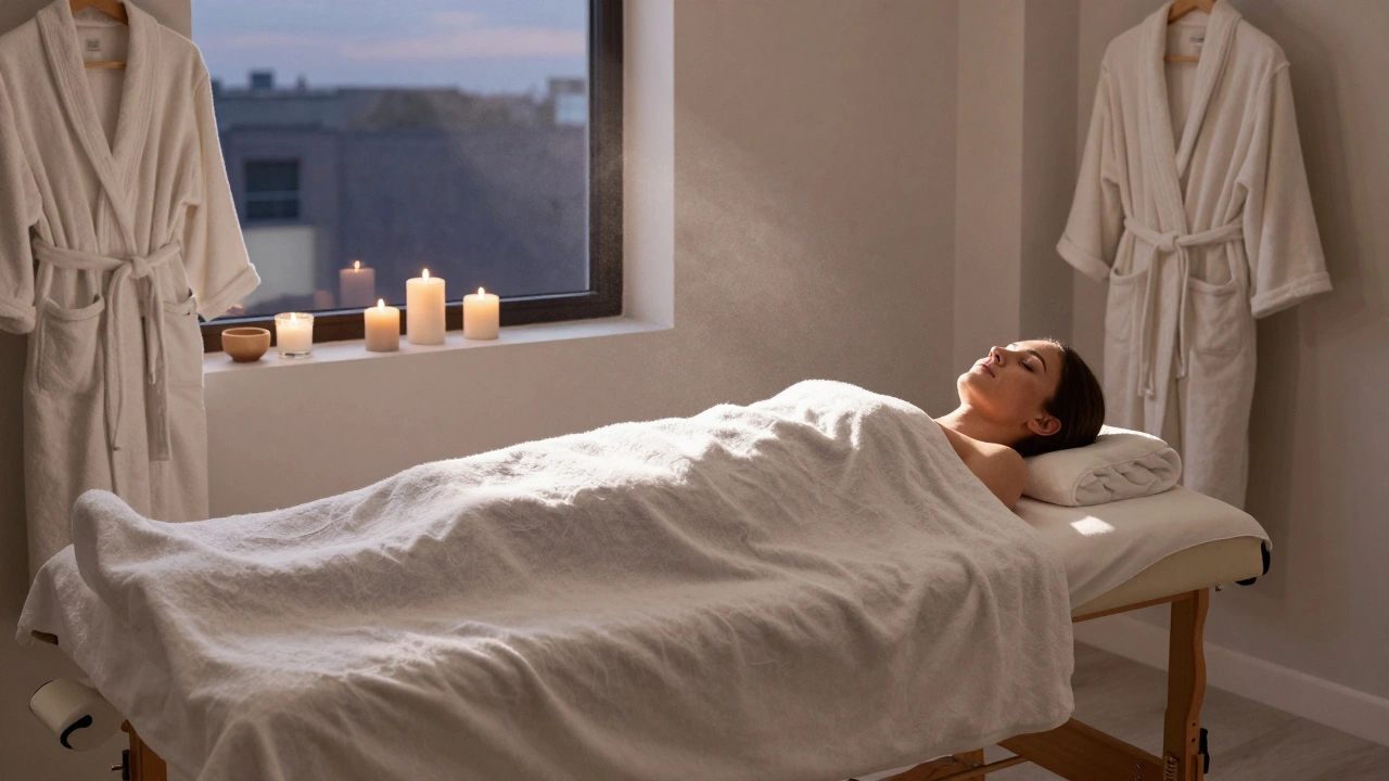 Serene wellness studio with a heated massage table, soy wax candles, and twilight light filtering through a window.