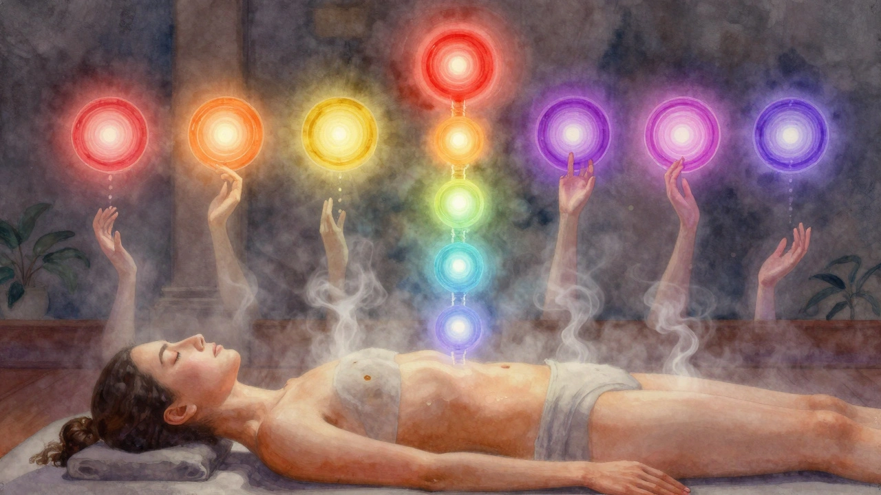 Seven colored energy vortices aligned along a spine above a reclining figure, with hovering hands and soft steam, in a tranquil setting.