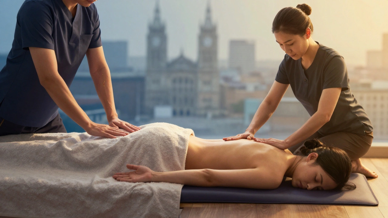 Side-by-side comparison: Swedish massage on a table vs. Thai massage on a floor mat, showing different techniques and clothing.