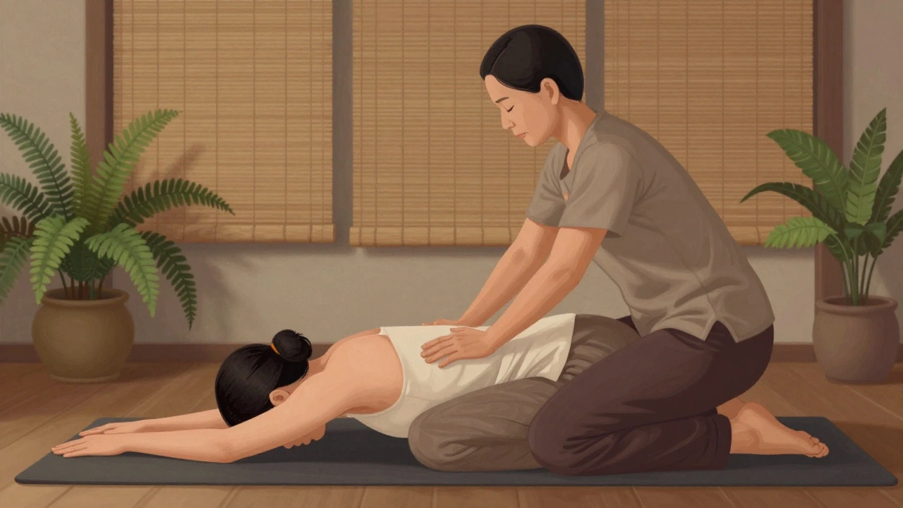 Thai massage therapist using knees and hands to gently stretch a client in a seated pose, surrounded by quiet, natural elements in a Camden studio.