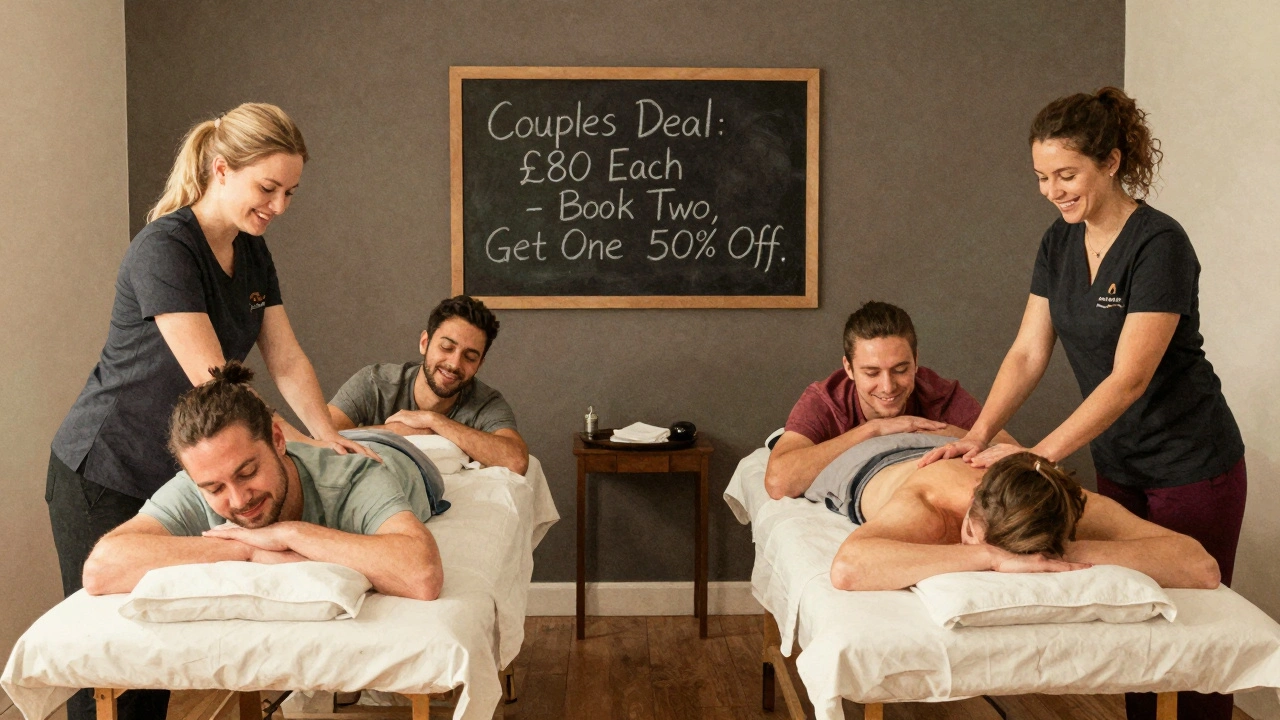 Two couples receiving side-by-side massages in a cozy Camden massage studio.