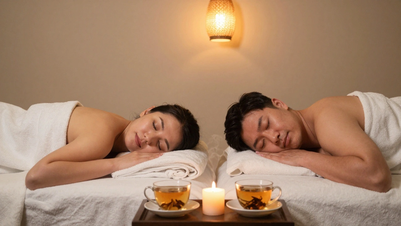 Two friends relaxed during a quiet couples massage in a cozy spa, breathing calmly with herbal tea nearby.