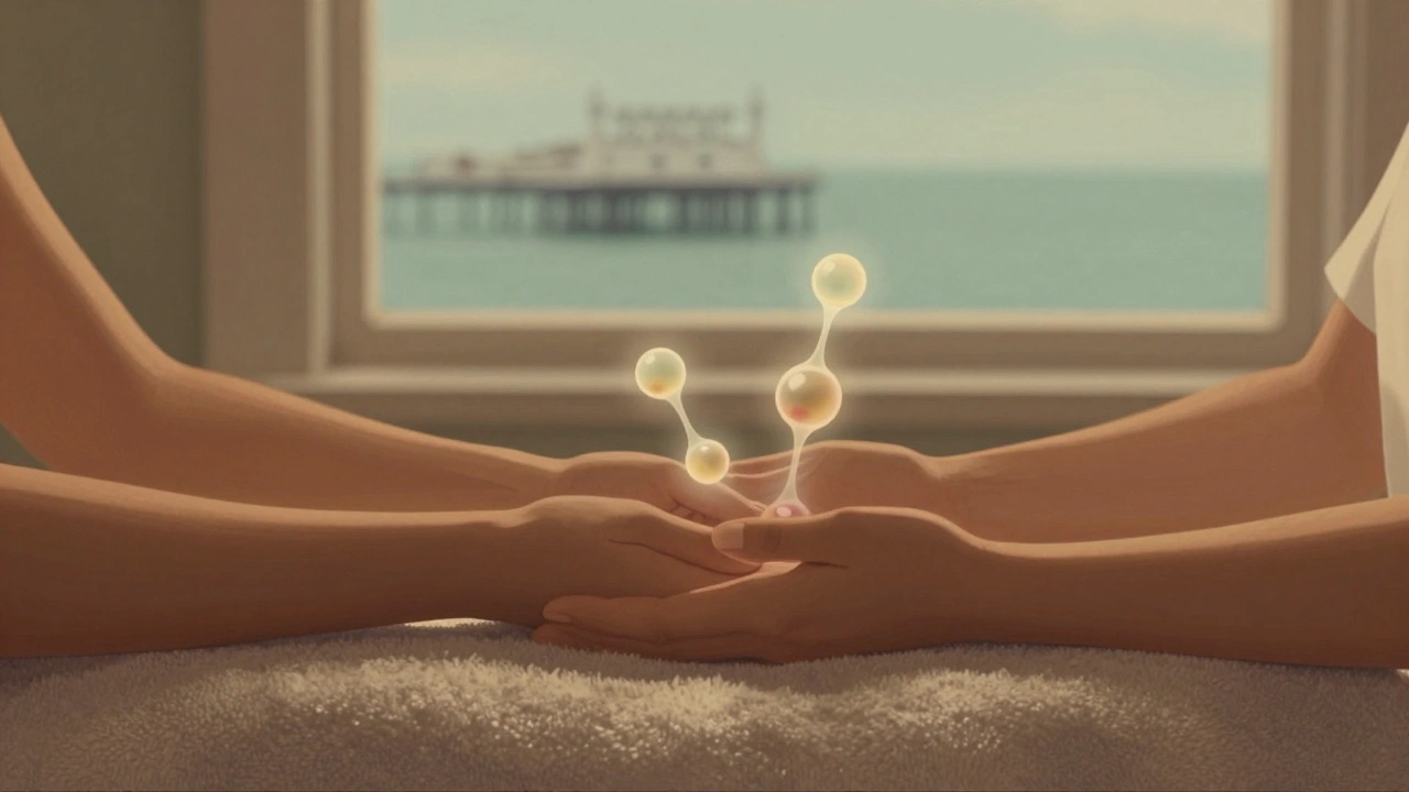 Two people in a spa with synchronized breathing and warm golden light, abstract molecules rising from their hands.