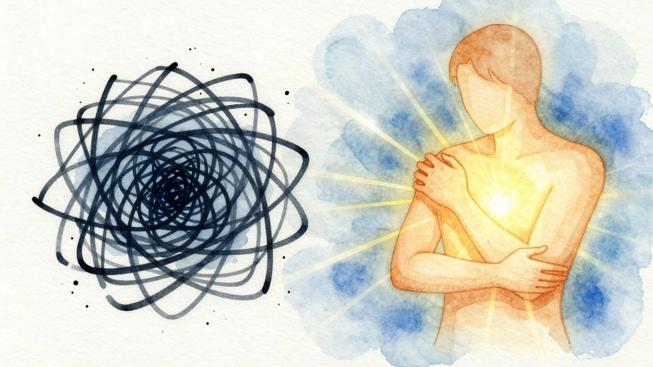 Watercolor illustration contrasting chaotic anxiety with the soothing, enveloping embrace of body-to-body massage.