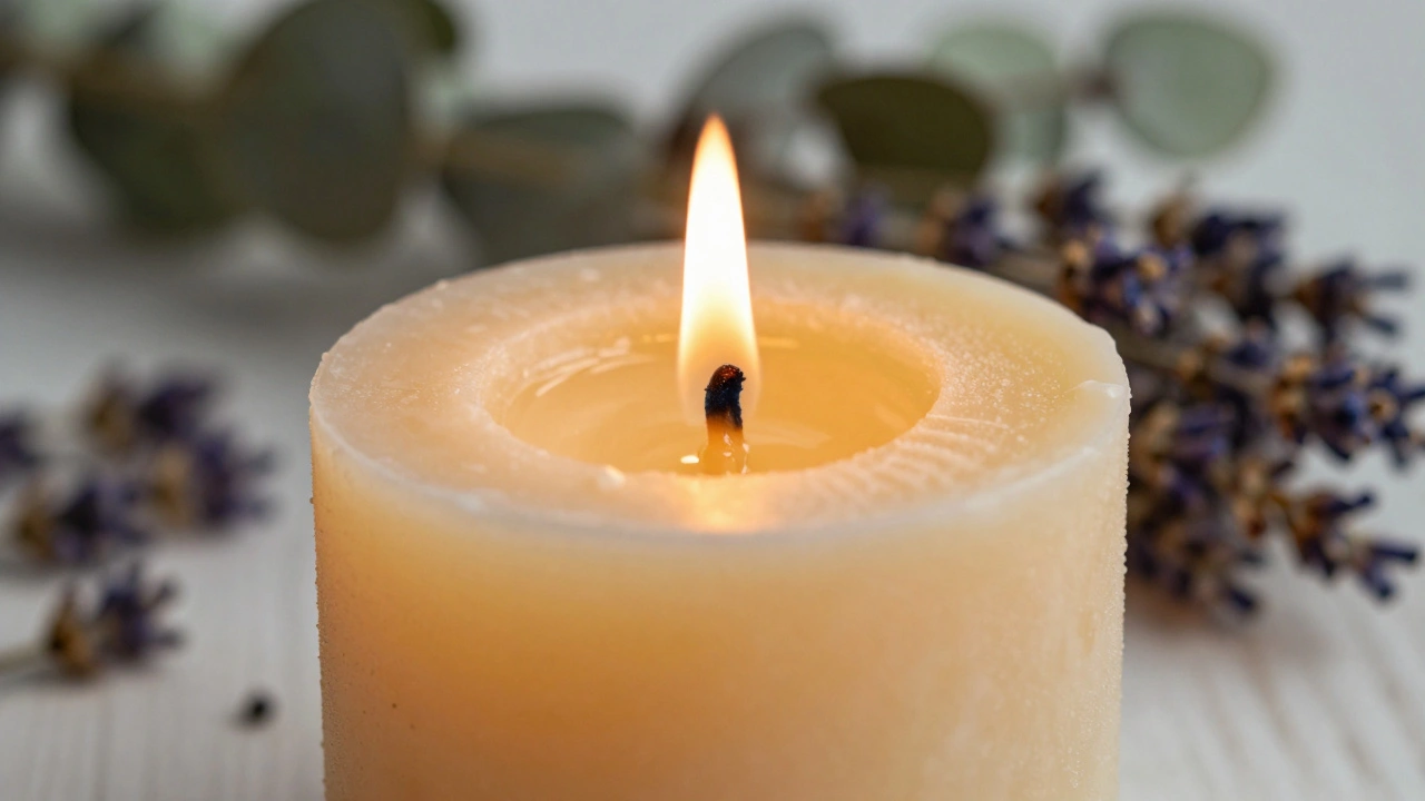 A beeswax candle dripping molten wax, with herbal ingredients visible in the blurred background.