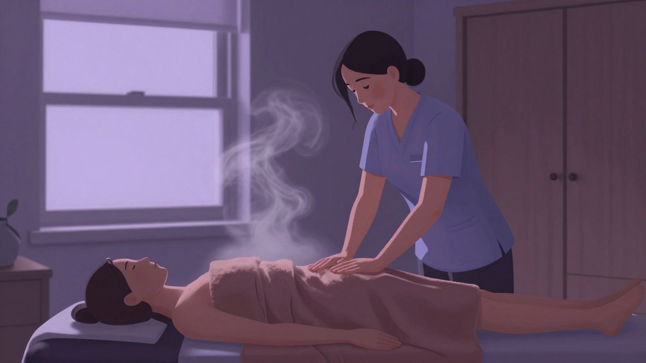 A client relaxes under warm towels during a deep tissue massage in their bedroom, with gentle steam and calm ambient lighting.