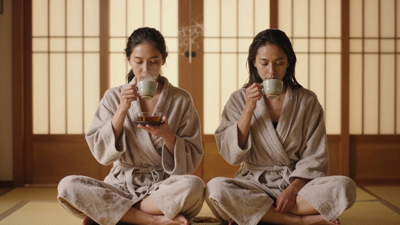 A couple wrapped in robes after nuru massage, sipping tea in quiet harmony, bathed in warm spa light.