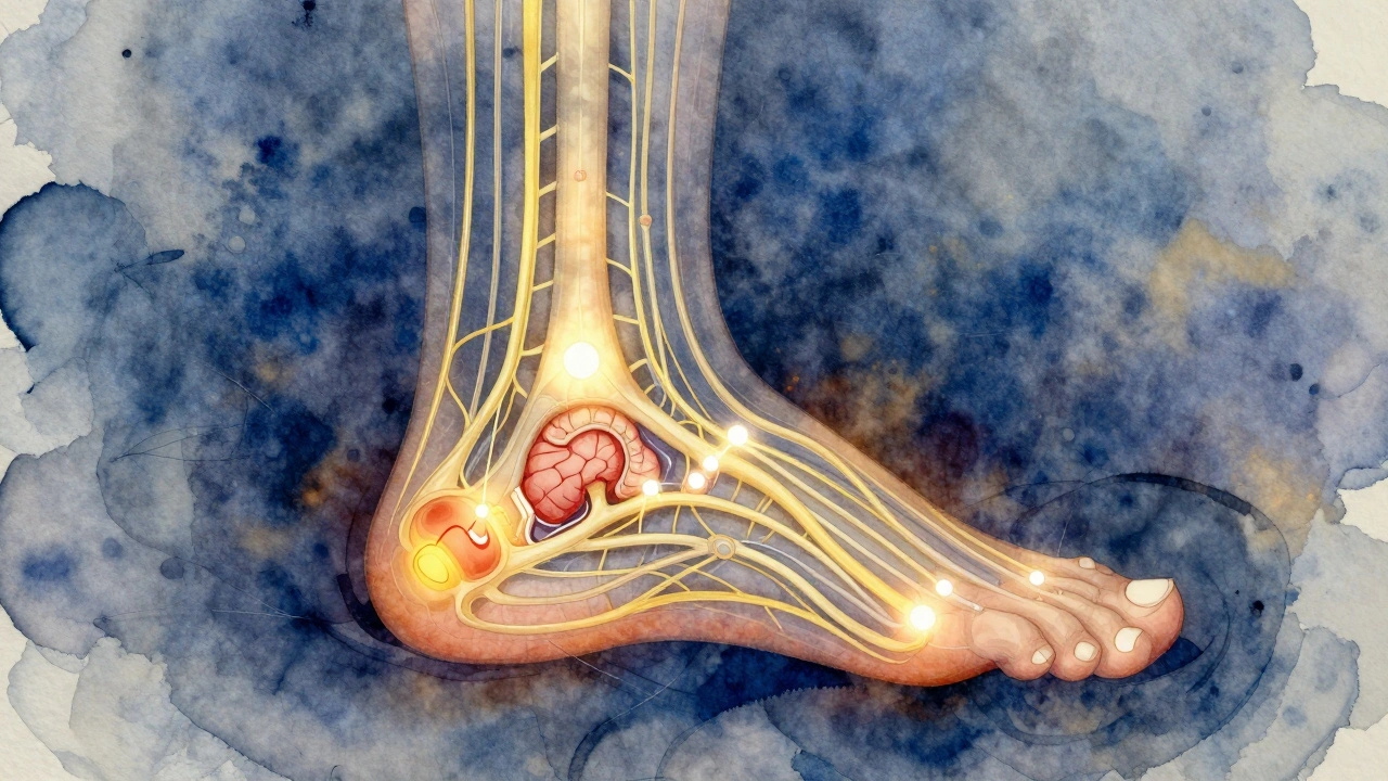 A foot with glowing nerve pathways connecting to the brain, illustrating sleep biology.