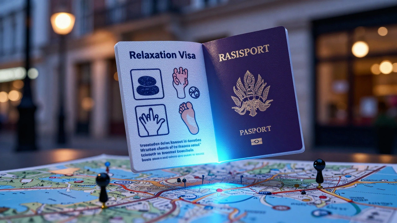 A glowing passport stamped with massage therapy icons, floating above a map of London with clinic locations marked, symbolizing accessible relaxation.